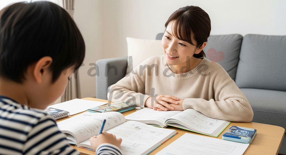 フリー素材 無料 写真|背景素材リビングで子どもの勉強を見守る日本人母親の家庭学習シーン 写真背景