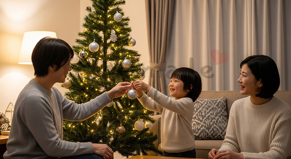 フリー素材 無料 写真|無地オーナメントで使いやすいホームホリデーシーン、日本のリビングで家族がクリスマスツリーを飾る温かな団らん