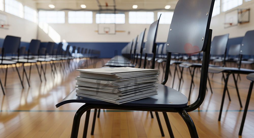 フリー素材 無料 写真|背景素材体育館の椅子列に無地プログラムの静物、入学式の準備感 写真背景