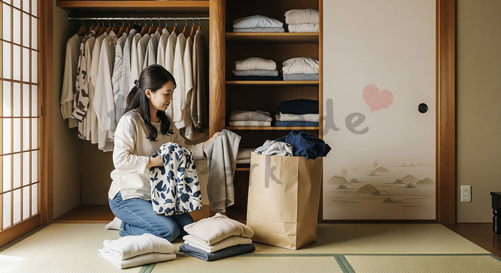 フリー素材 無料 写真|背景素材クローゼットの服を整理整頓する日本人主婦の片づけシーン 写真背景