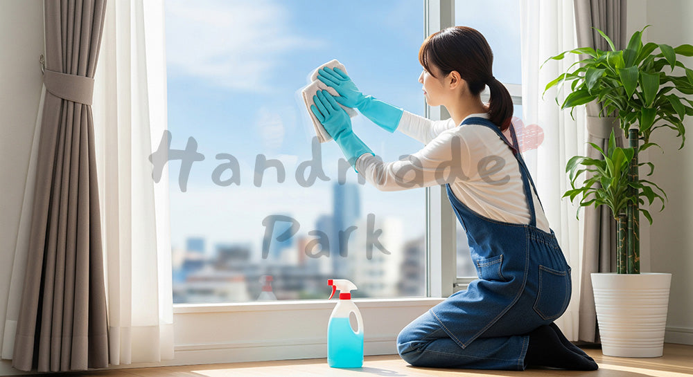 フリー素材 無料 写真|窓際で窓ガラスを拭き掃除する日本人主婦の大掃除イメージ 背景素材