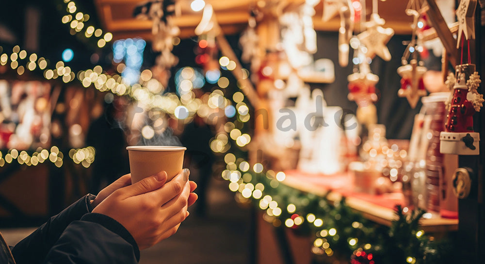 フリー素材 無料 写真|無地カップと灯りのにぎわいが映える冬の屋台風景のある屋外のクリスマスマーケットで温かい飲み物を手にする日本人の手元