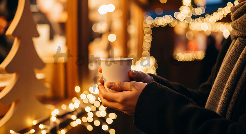 フリー素材 無料 写真|屋外のクリスマスマーケットで温かい飲み物を手にする日本人の手元、無地カップと灯りのにぎわいが映える冬の屋台風景