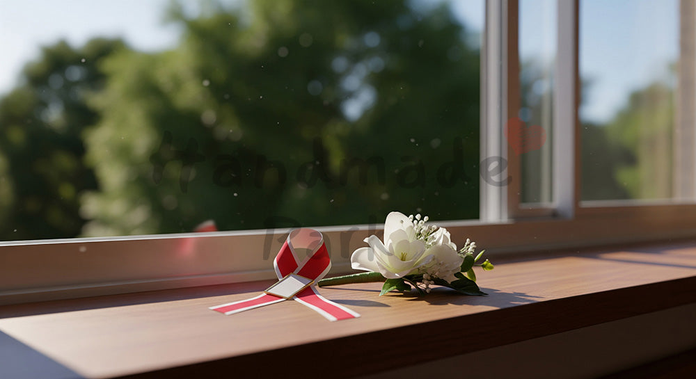 フリー素材 無料 写真|教室窓辺の春光、無地の胸花と紅白リボンの静物