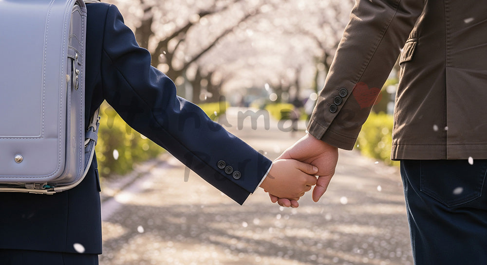 フリー素材 無料 写真|背景素材桜の下で手をつなぐ親子の手元、無地ランドセルで匿名性 写真背景