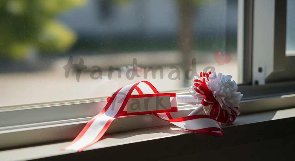 フリー素材 無料 写真|無地の胸花と紅白リボンの静物、教室窓辺の春光
