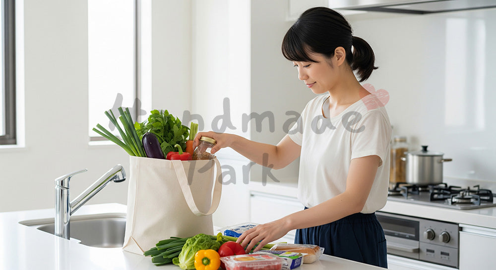 フリー素材 無料 写真|背景素材エコバッグから食材を取り出す日本人主婦の買い物後シーン 写真背景
