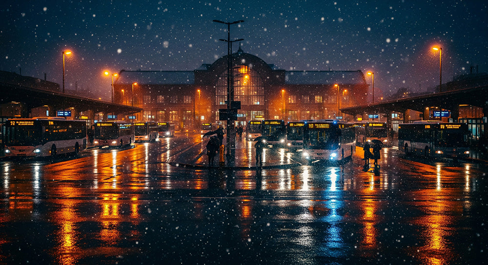 フリー素材 無料 写真|路面反射で冬の移動を描くドキュメンタリー風景、雪の駅前バスターミナルと人々のシルエット
