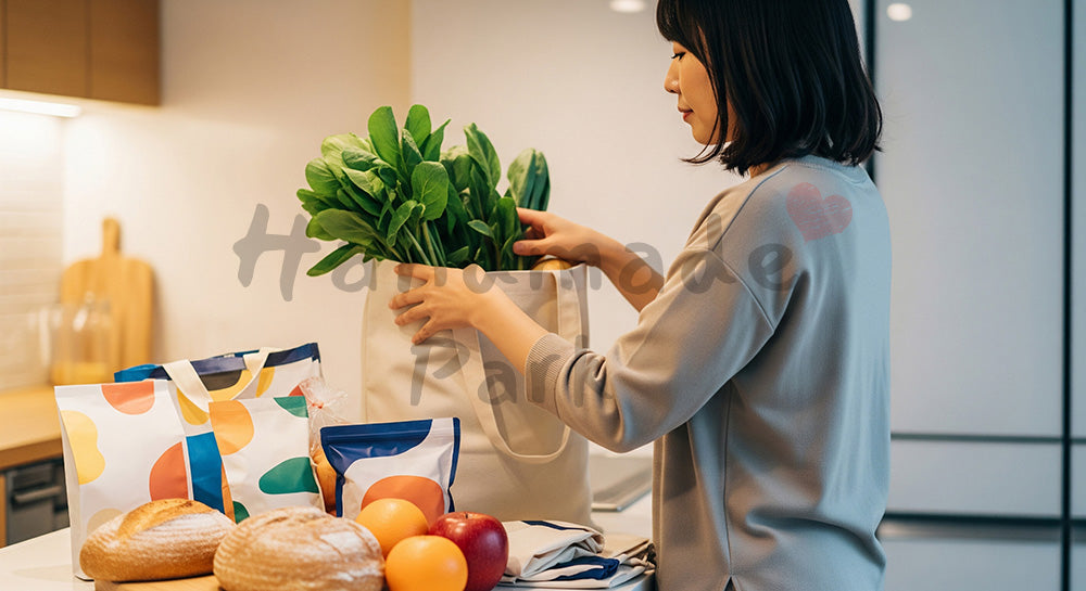 フリー素材 無料 写真|エコバッグから食材を取り出す日本人主婦の買い物後シーン 背景素材