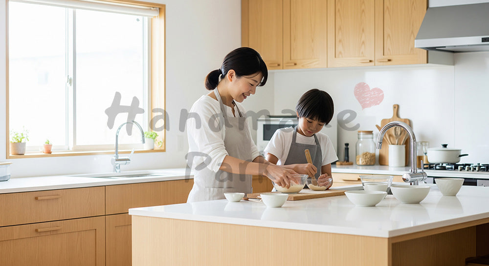フリー素材 無料 写真|家庭の温かさと学びを表現した教育的な体験シーンのある明るい木目キッチンで親子が一緒に簡単料理