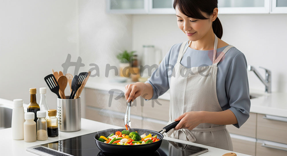 フリー素材 無料 写真|キッチンで野菜炒めを調理する日本人主婦の料理シーン