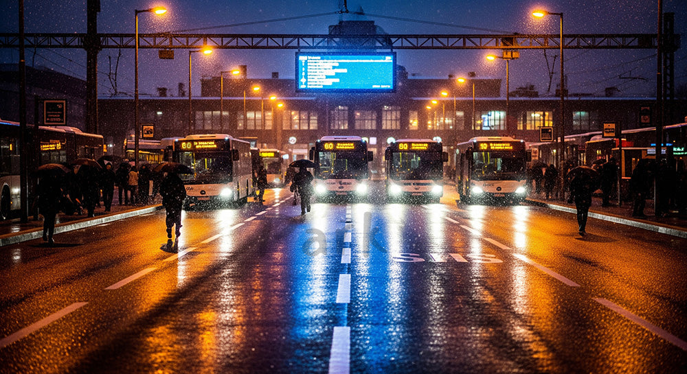 フリー素材 無料 写真|雪の駅前バスターミナルと人々のシルエット、路面反射で冬の移動を描くドキュメンタリー風景