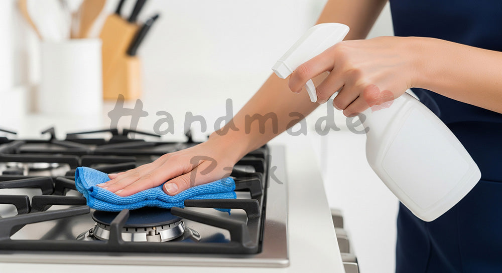 フリー素材 無料 写真|キッチンコンロ周りを無地スプレーで拭く日本人主婦の手元清潔に仕上げる油汚れケア