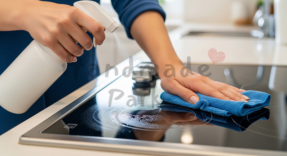 フリー素材 無料 写真|キッチンコンロ周りを無地スプレーで拭く日本人主婦の手元、清潔に仕上げる油汚れケア