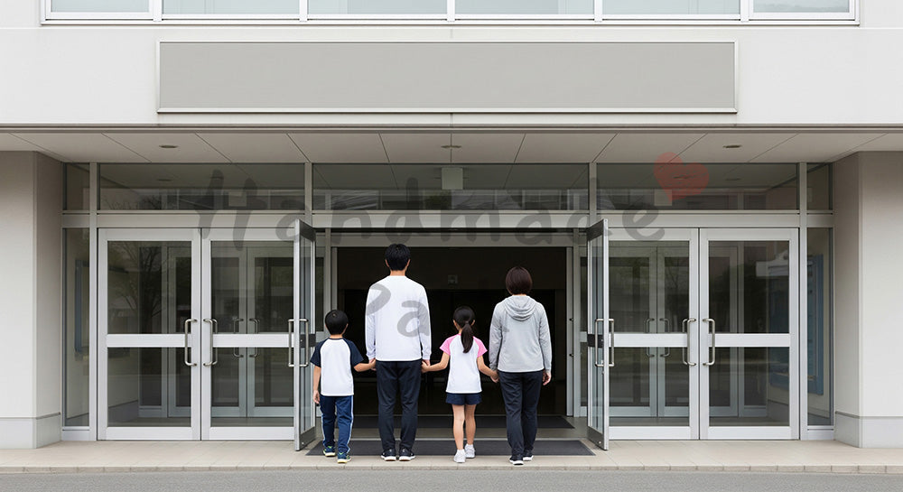 フリー素材 無料 写真|無地看板で一般化、体育館入口に整然と並ぶファミリーの後ろ姿