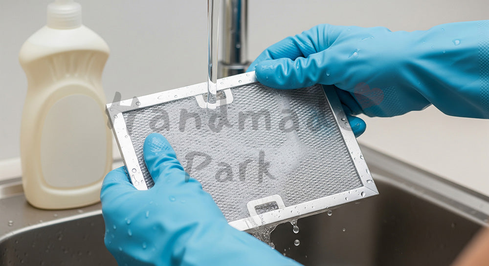 フリー素材 無料 写真|背景素材レンジフードの金属フィルターをシンクで洗う日本人主婦の手元、油汚れケアの実用シーン 写真背景