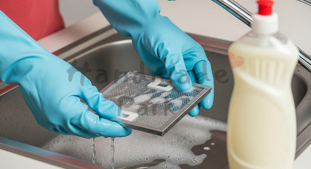 フリー素材 無料 写真|レンジフードの金属フィルターをシンクで洗う日本人主婦の手元、油汚れケアの実用シーン