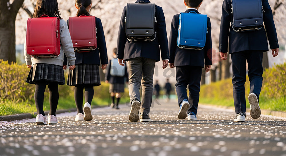 フリー素材 無料 写真|桜並木の通学路、児童の足元カットと無地ランドセル 背景素材