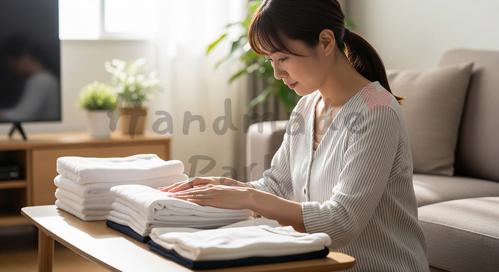 フリー素材 無料 写真|リビングで洗濯物を丁寧にたたむ日本人主婦の暮らしのワンシーン