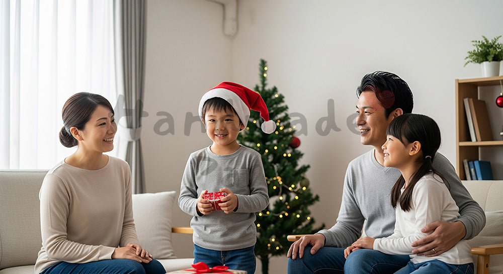 フリー素材 無料 写真|サンタ帽をかぶった日本人の子どもと家族の微笑ましいひととき控えめな飾りで素朴に切り取る冬の記念シーン