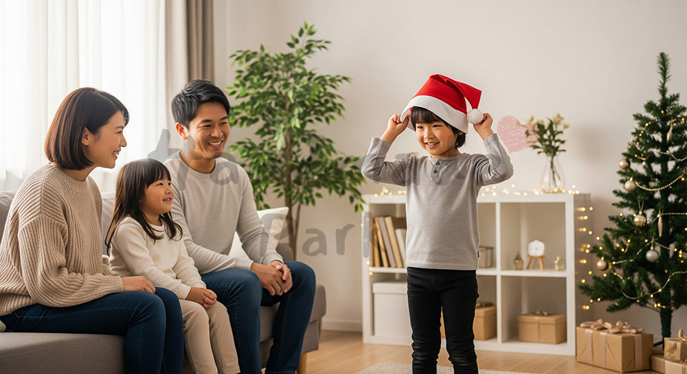 フリー素材 無料 写真|サンタ帽をかぶった日本人の子どもと家族の微笑ましいひととき、控えめな飾りで素朴に切り取る冬の記念シーン