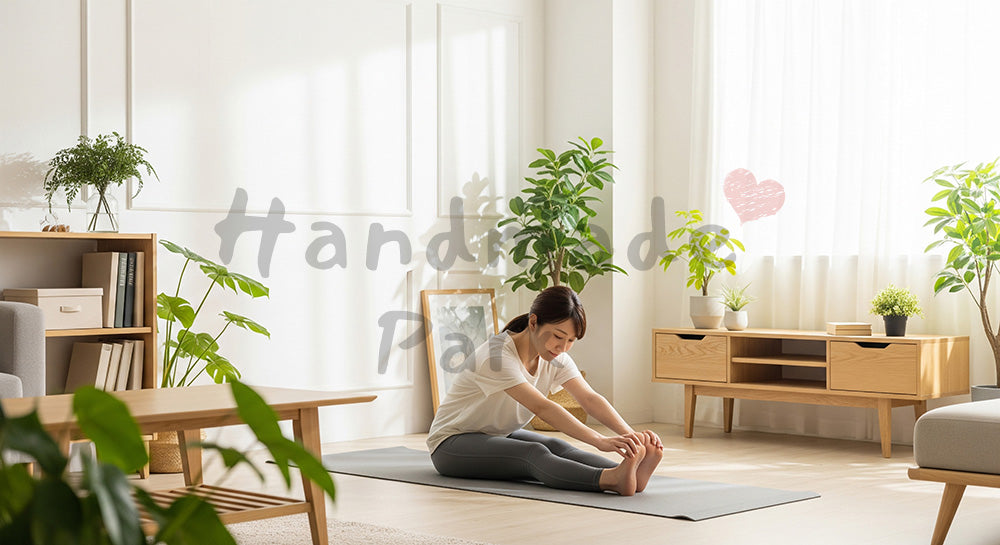 フリー素材 無料 写真|在宅フィットネスに適したやさしい室内シーン、北欧風リビングでストレッチをする日本人女性