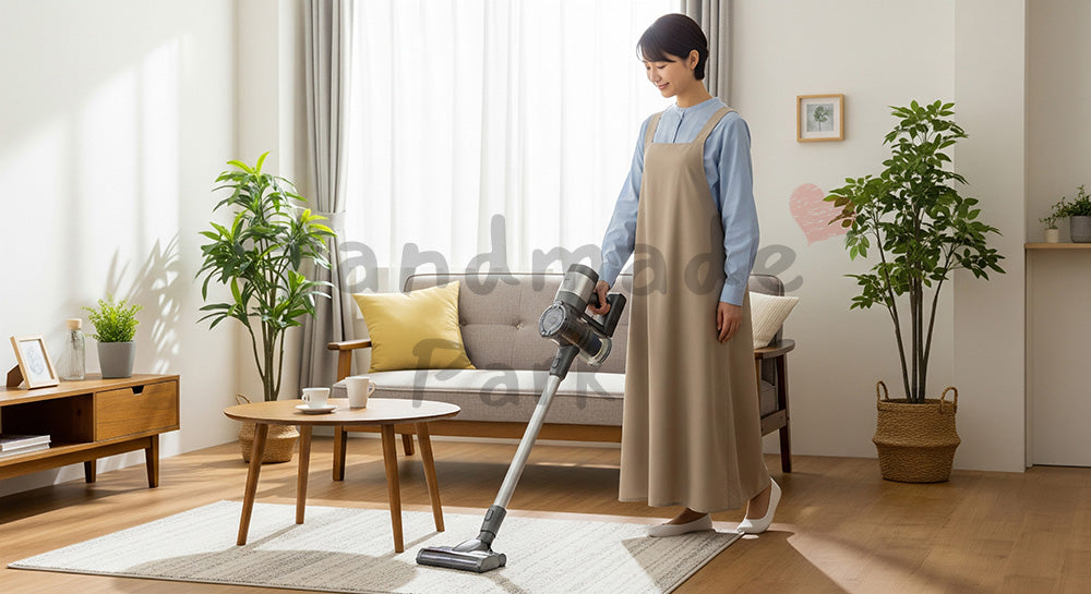 フリー素材 無料 写真|明るいリビングでコードレス掃除機をかける日本人主婦の家事風景 背景素材