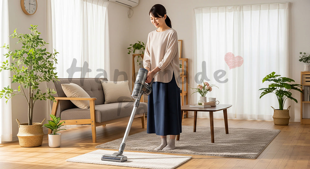 フリー素材 無料 写真|明るいリビングでコードレス掃除機をかける日本人主婦の家事風景