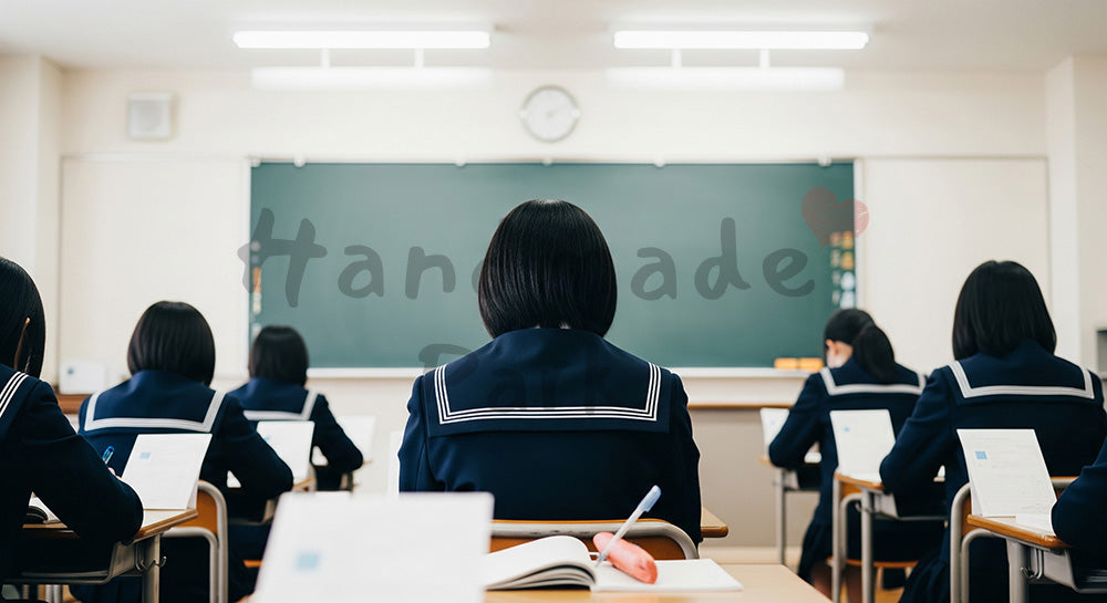 フリー素材 無料 写真|予備校の一般教室でノートを取る日本人高校生の後ろ姿均一な光で学習の基本を押さえた冬の受験風景