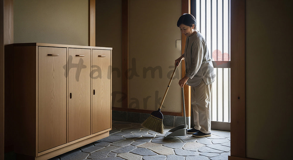 フリー素材 無料 写真|石タイルと自然光で清潔なエントランス掃除、玄関土間をほうきで掃く日本人主婦