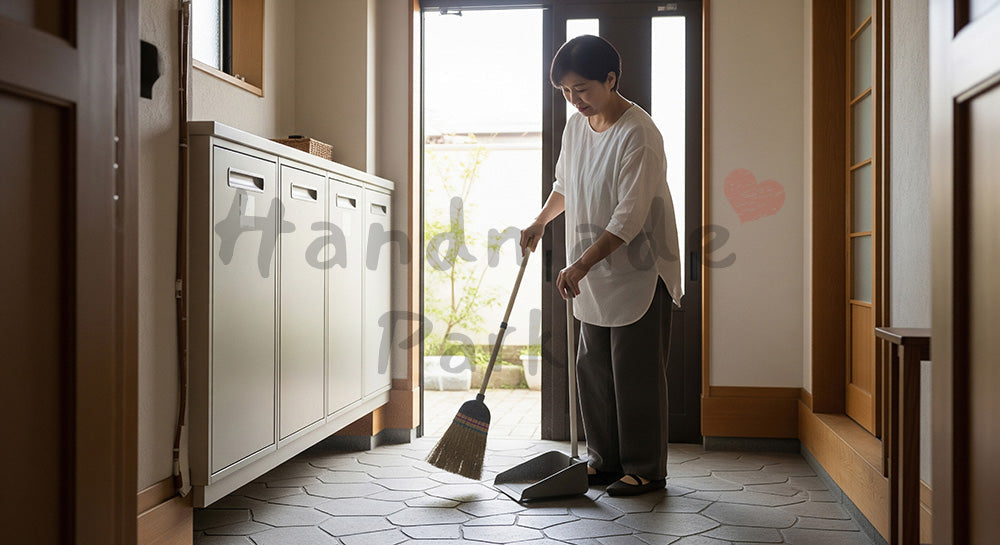フリー素材 無料 写真|玄関土間をほうきで掃く日本人主婦、石タイルと自然光で清潔なエントランス掃除 背景素材