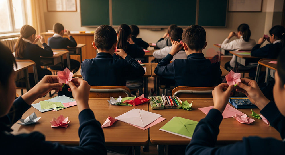 フリー素材 無料 写真|背景素材教室で折り紙の桃の花を作る手元、黒板無地で匿名性 写真背景