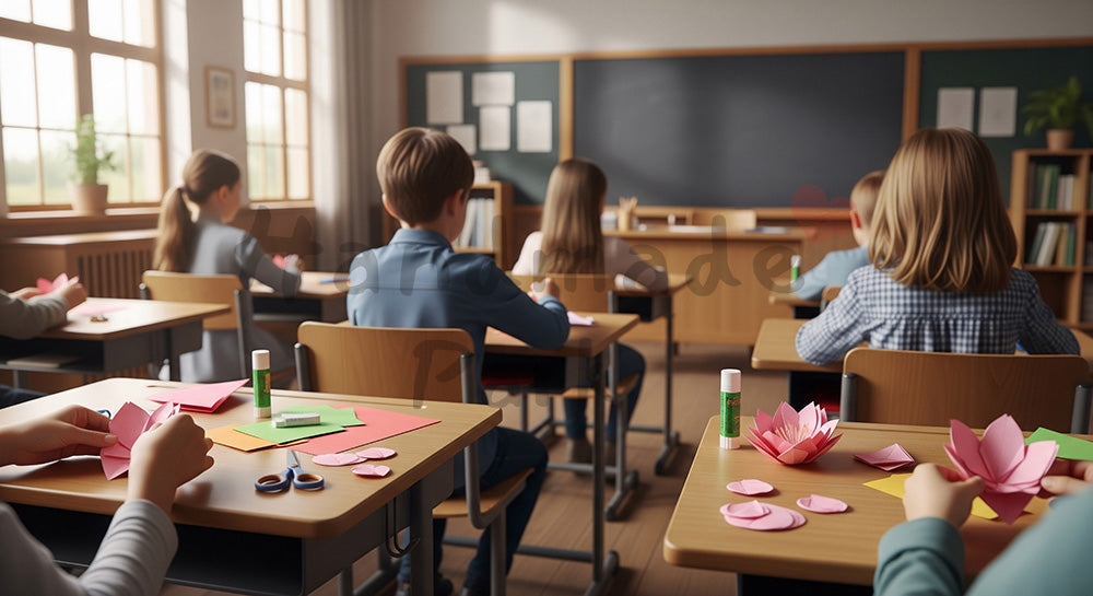 フリー素材 無料 写真|教室で折り紙の桃の花を作る手元、黒板無地で匿名性 背景素材