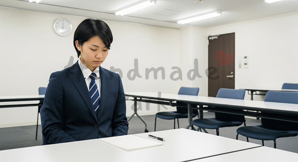 フリー素材 無料 写真|無地のメモと整った姿勢で伝える冬の受験期の準備、会議室で面接練習に臨む日本人受験生
