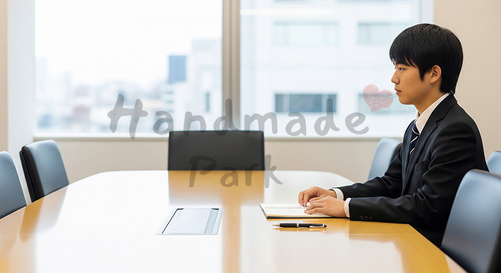 フリー素材 無料 写真|会議室で面接練習に臨む日本人受験生、無地のメモと整った姿勢で伝える冬の受験期の準備