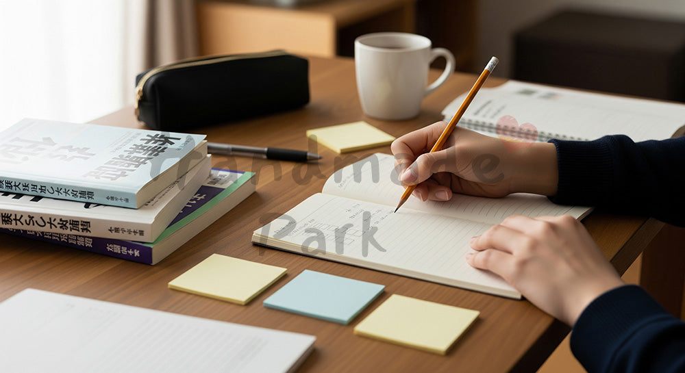 フリー素材 無料 写真|無地カレンダーに学習計画を書き込む日本人受験生の手元、整然とした配置で計画性を可視化する冬の家庭学習