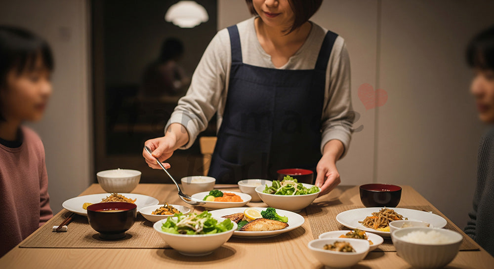 フリー素材 無料 写真|木目テーブルに和洋折衷の家庭夕食が並ぶフラットレイ(人物なし)