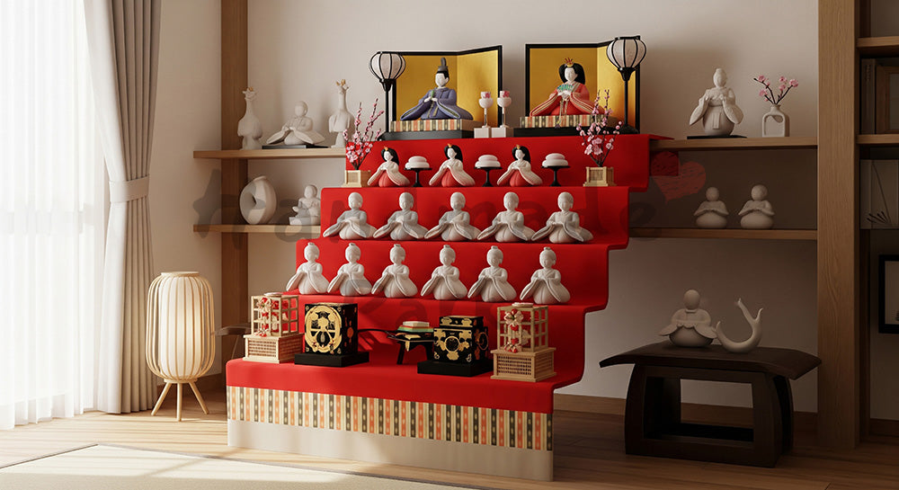 フリー素材 無料 写真|桃の花を添えて、和モダン棚に一般化した雛人形の段飾り