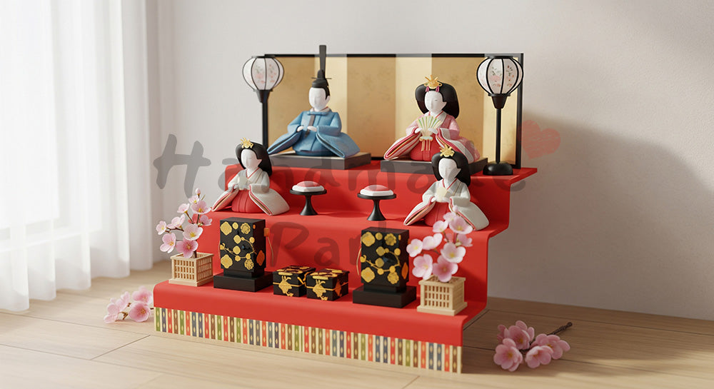 フリー素材 無料 写真|背景素材和モダン棚に一般化した雛人形の段飾り、桃の花を添えて 写真背景