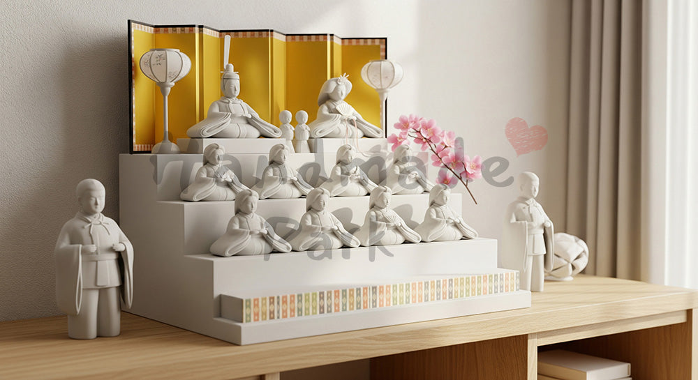 フリー素材 無料 写真|和モダン棚に一般化した雛人形の段飾り、桃の花を添えて 背景素材