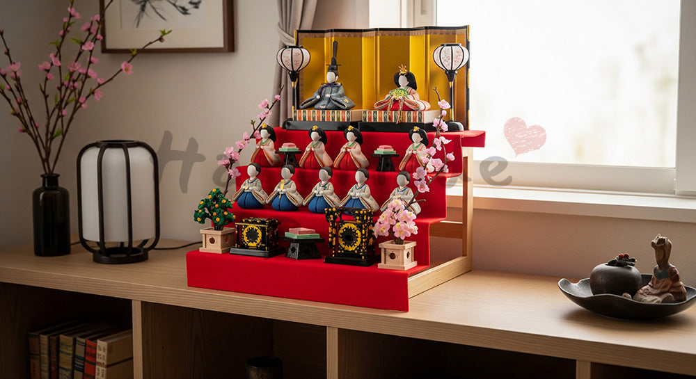 フリー素材 無料 写真|和モダン棚に一般化した雛人形の段飾り、桃の花を添えて