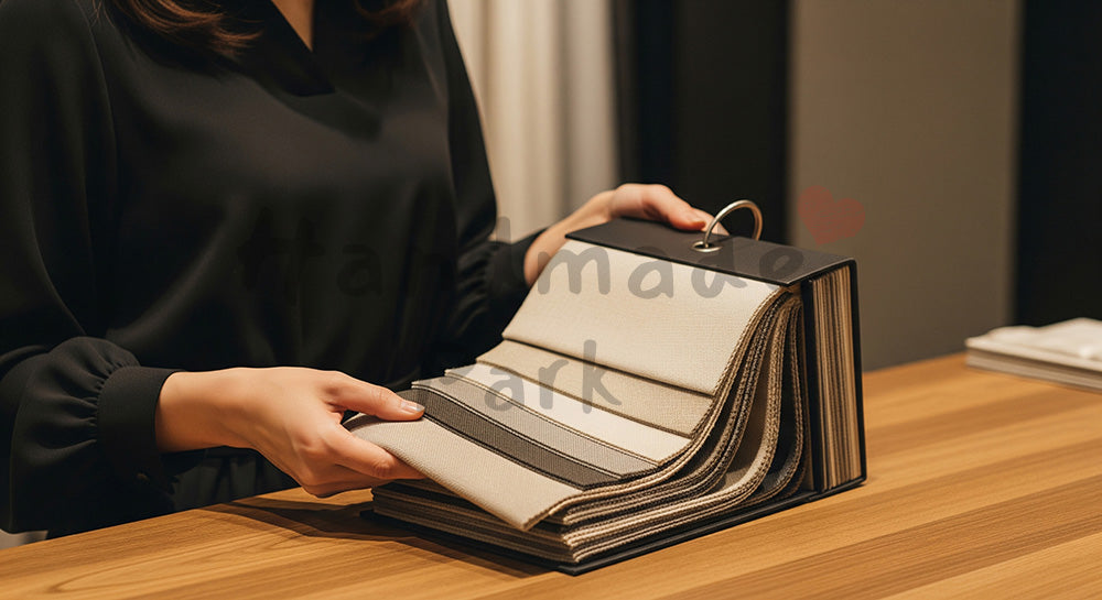 フリー素材 無料 写真|インテリアショップで無地の生地サンプルを手に取る日本人女性、色味と質感を丁寧に確認する選定シーン