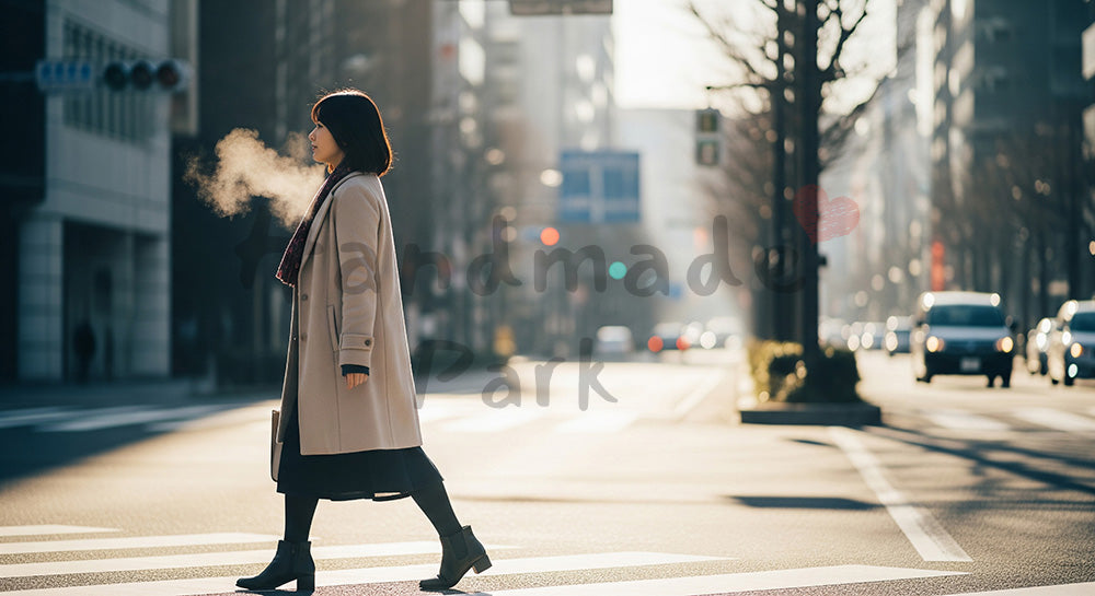 フリー素材 無料 写真|都心の横断歩道を歩く日本人女性の冬ファッション、非著名な街並みで洗練を伝えるスナップ