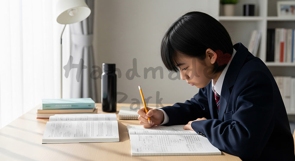 フリー素材 無料 写真|受験勉強に集中する日本人高校生自然光と整理された机で学習の基本を捉えた室内シーン