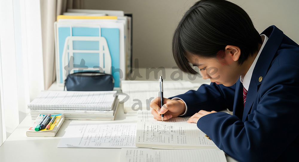 フリー素材 無料 写真|受験勉強に集中する日本人高校生、自然光と整理された机で学習の基本を捉えた室内シーン