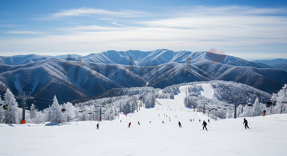 フリー素材 無料 写真|背景素材青空のスキー場とゲレンデを滑る人々、山並みと樹氷で冬のリゾート感を伝える広角風景 写真背景