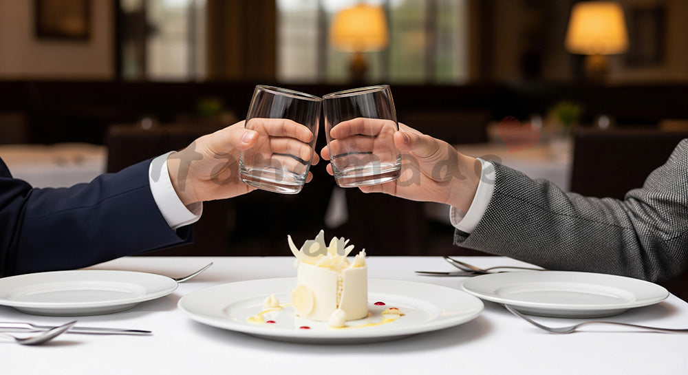 フリー素材 無料 写真|手元中心のホワイトデー、レストランで白いデザートと軽い乾杯