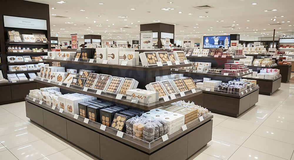 フリー素材 無料 写真|ホワイトデー商戦、百貨店風スイーツ売場の無地パッケージ棚