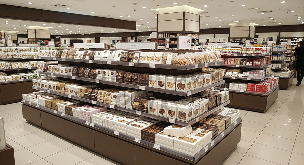 フリー素材 無料 写真|百貨店風スイーツ売場の無地パッケージ棚、ホワイトデー商戦 背景素材