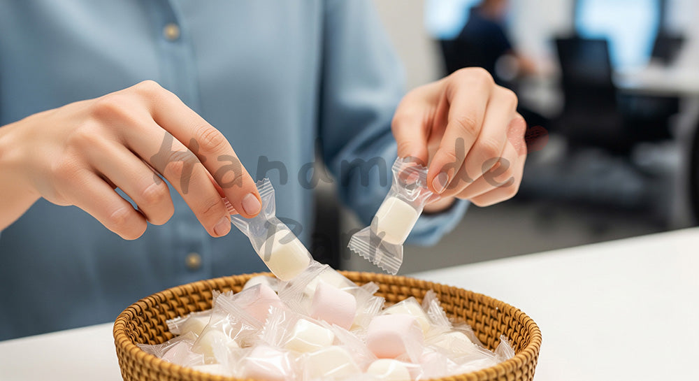 フリー素材 無料 写真|背景素材オフィスの共有テーブルでホワイトデーお菓子を配る手元 写真背景